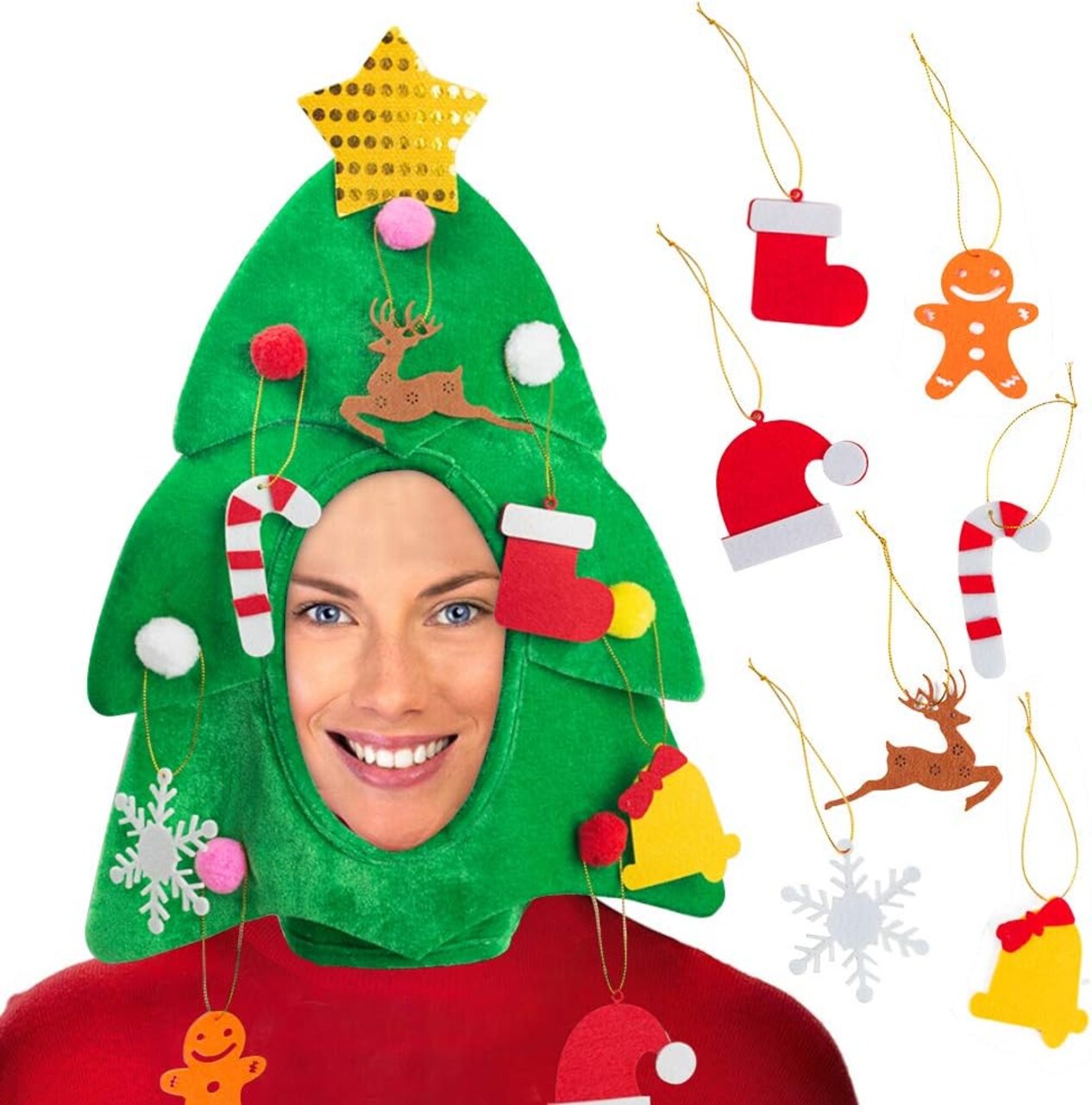 Christmas Tree Hat with 7PCS Ornaments, Funny Christmas Hat, Novelty Santa Hat Crazy Hats Christmas Party Hat Dress Up Celebrations